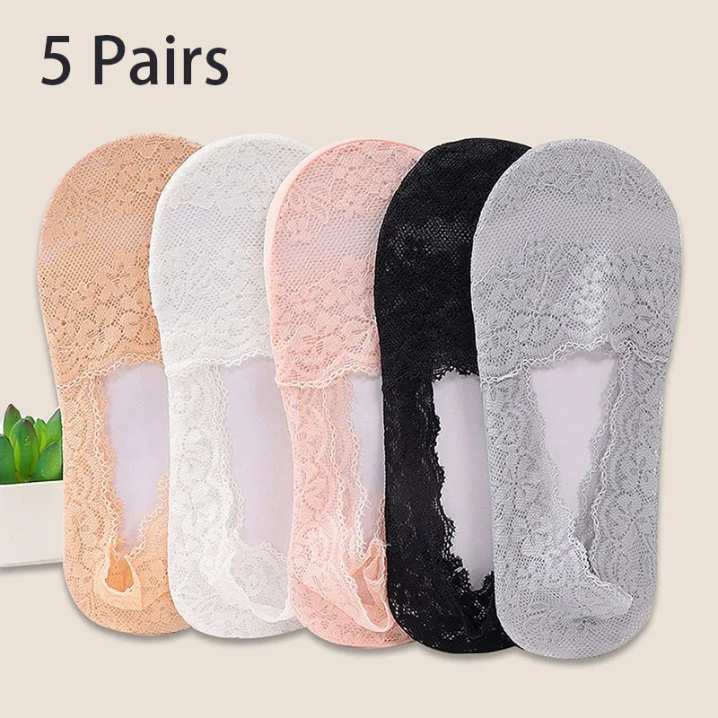 

5 Pairs of Women's Spring Summer Breathable Sweat Absorption Deep Mouth Lace Silicone Non-Slip Thin Cherry Blossom Boat Socks