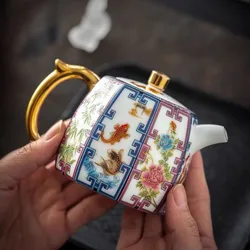 Enamel Colored Teapot Kung Fu Tea Set Tea Maker Chinese White Drawn Gold Teapot New Porcelain Hexagonal Teapot with Filter