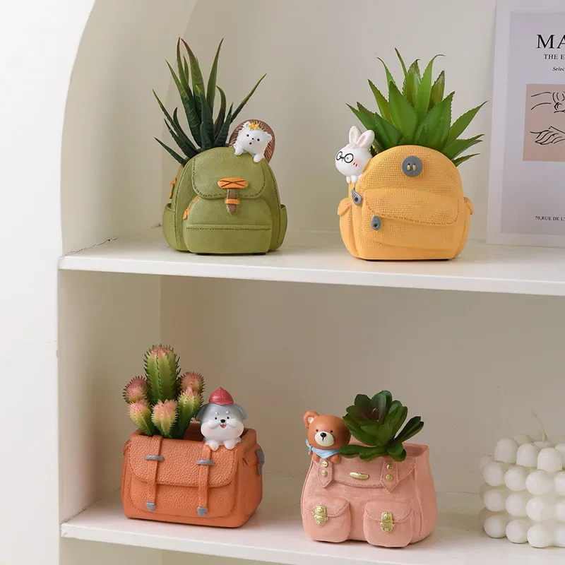 2027 Schoolbag x Animal Mini Planter for Succulents Plants, Decorative Flower Pot Fairy Garden Ornaments, Home Tabletop Decorati