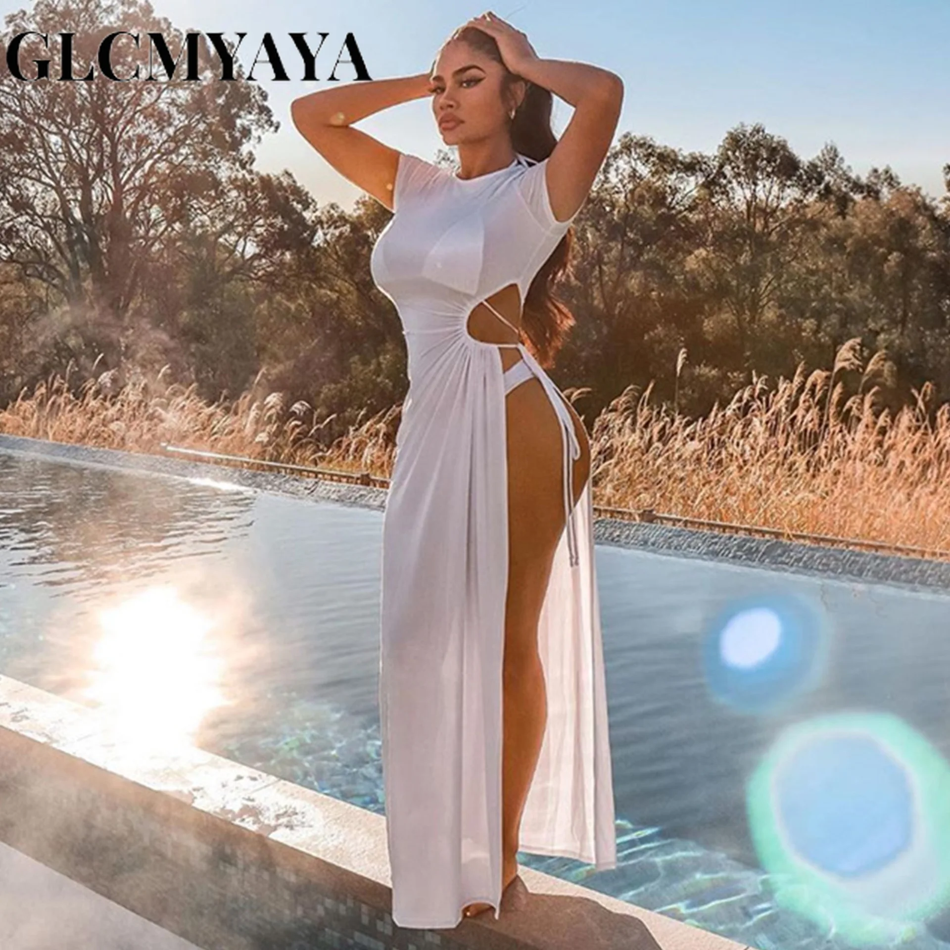 

GLCMYAYA Women Bandage Hollow Out High Side Slit Short Sleeve Slim Dress 2023 INS Streetwear Solid O-Neck Sexy A-LINE Dresses