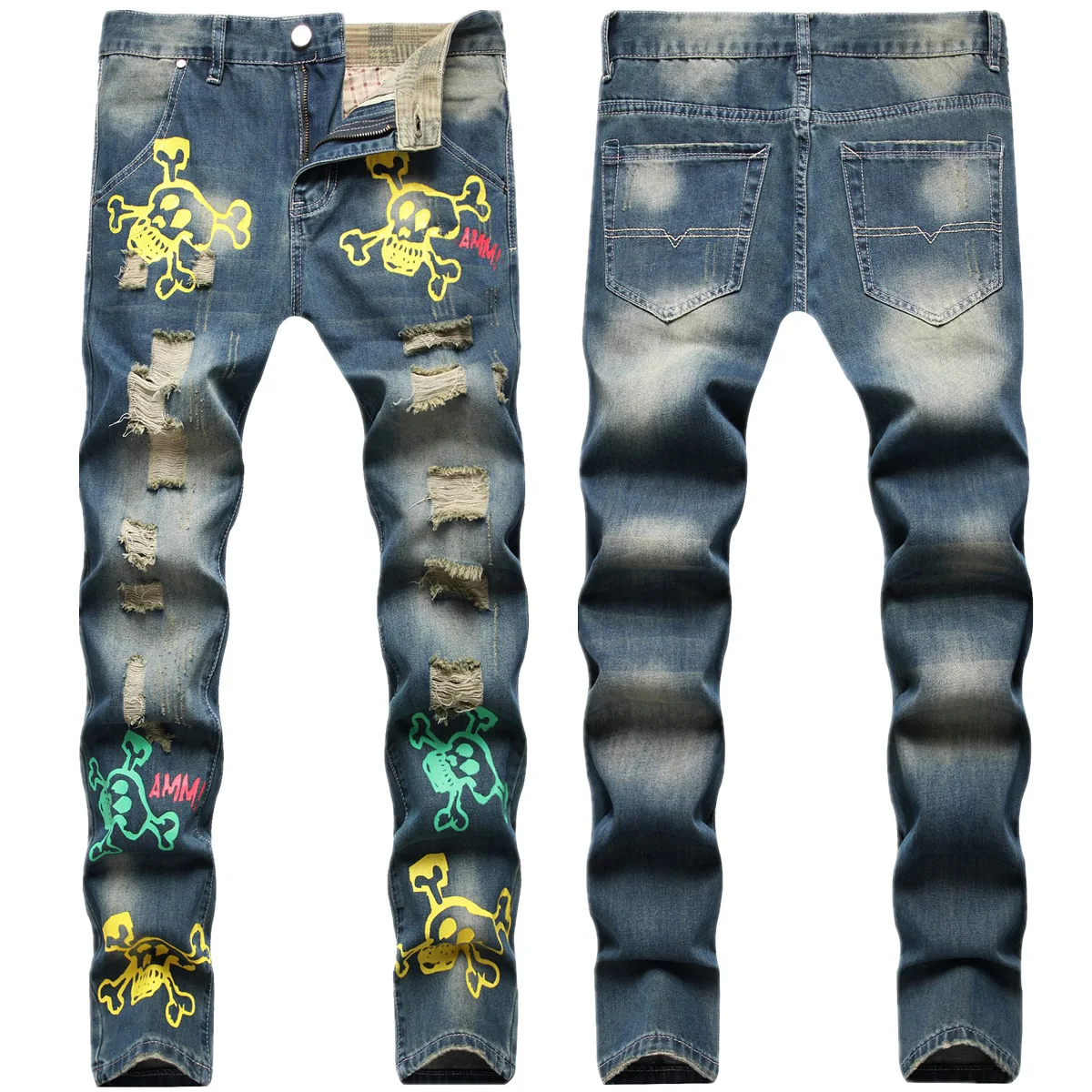 Season new street hole nostalgia color digital print skull small straight leg mid-waist jeans men