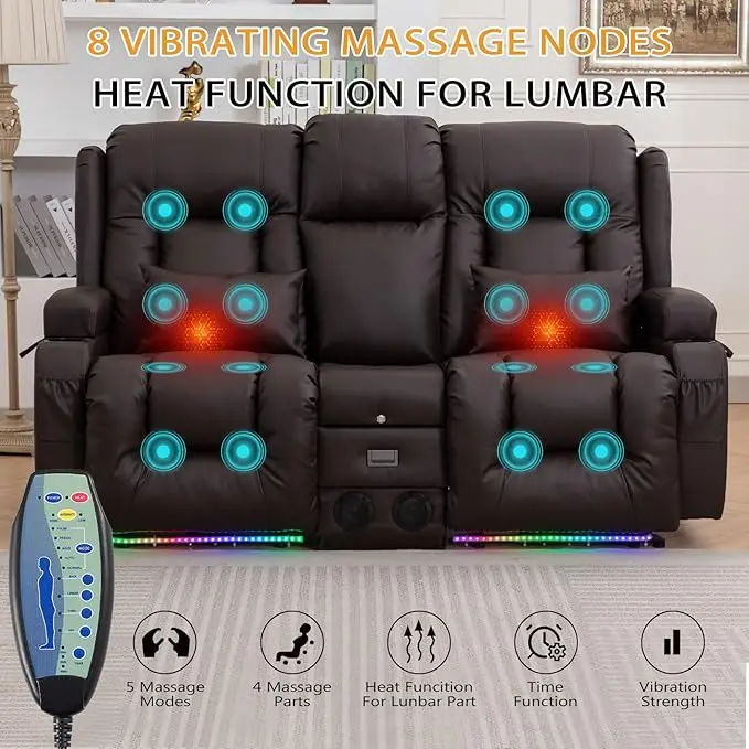 Sofá de dos plazas reclinable eléctrico de 67 ", asientos eléctricos de cine en casa con consola/iluminación ambiental de 4 colores/altoparadores Bluetooth