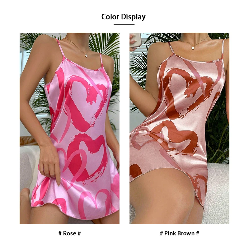Heart Shaped Pattern Print Satin Nightgowns Casual Spaghetti Strap Night Dress Women\'s Sleepwear Loungewear Sexy Cami Nightdress