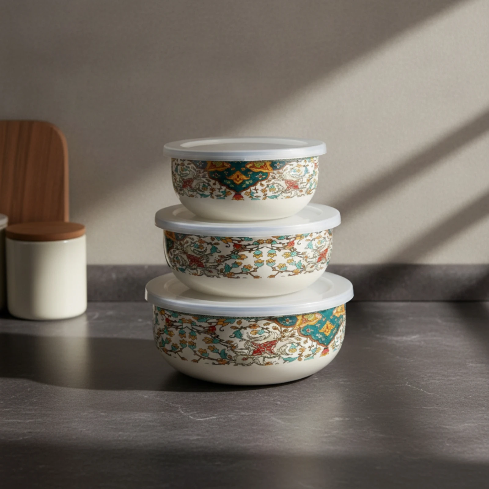 3 Pieces Enamel Food Storage Containers Multi-Purpose Enamel Bowls with Lids Nesting Bowl Set Lightweight Stackable