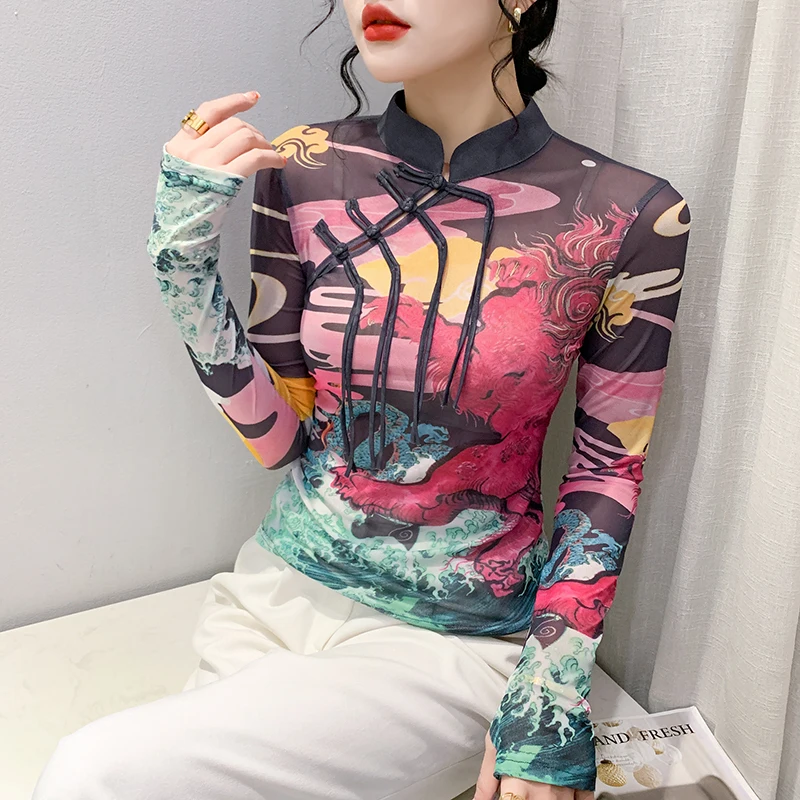 spring mesh t shirt female full hooking sleeve T-shirt girls slim high stretchy tshirts woman vintage chinese style collar tops