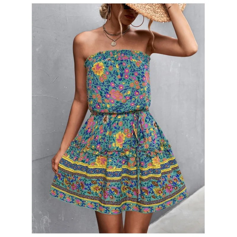 Spring And Summer New Women's Bohemian Floral Ragtag Strapless Dress Without Collar Or Sleeves Mini A-line Skirt With Patchwork