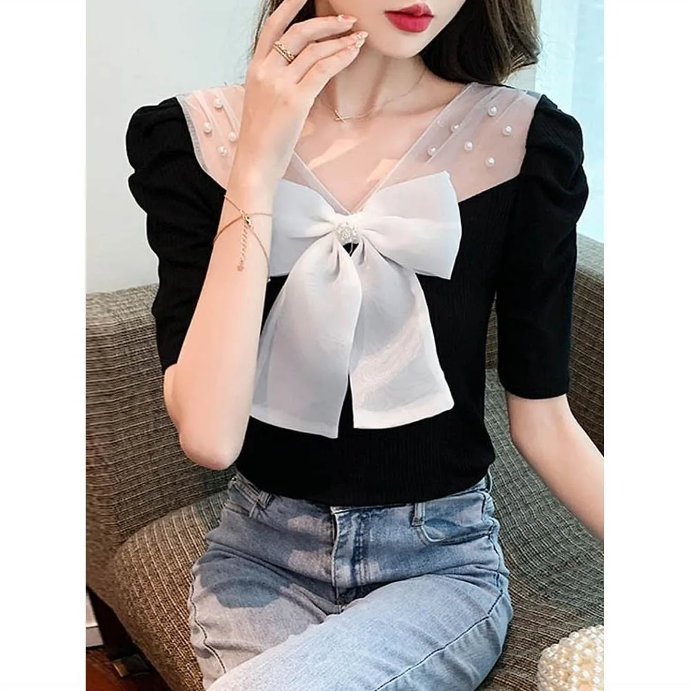 Women Top Elegant Puff Sleeve Spliced Bow Casual Pullover Sweet V Neck Summer Korean Fashion Style Women Clothing