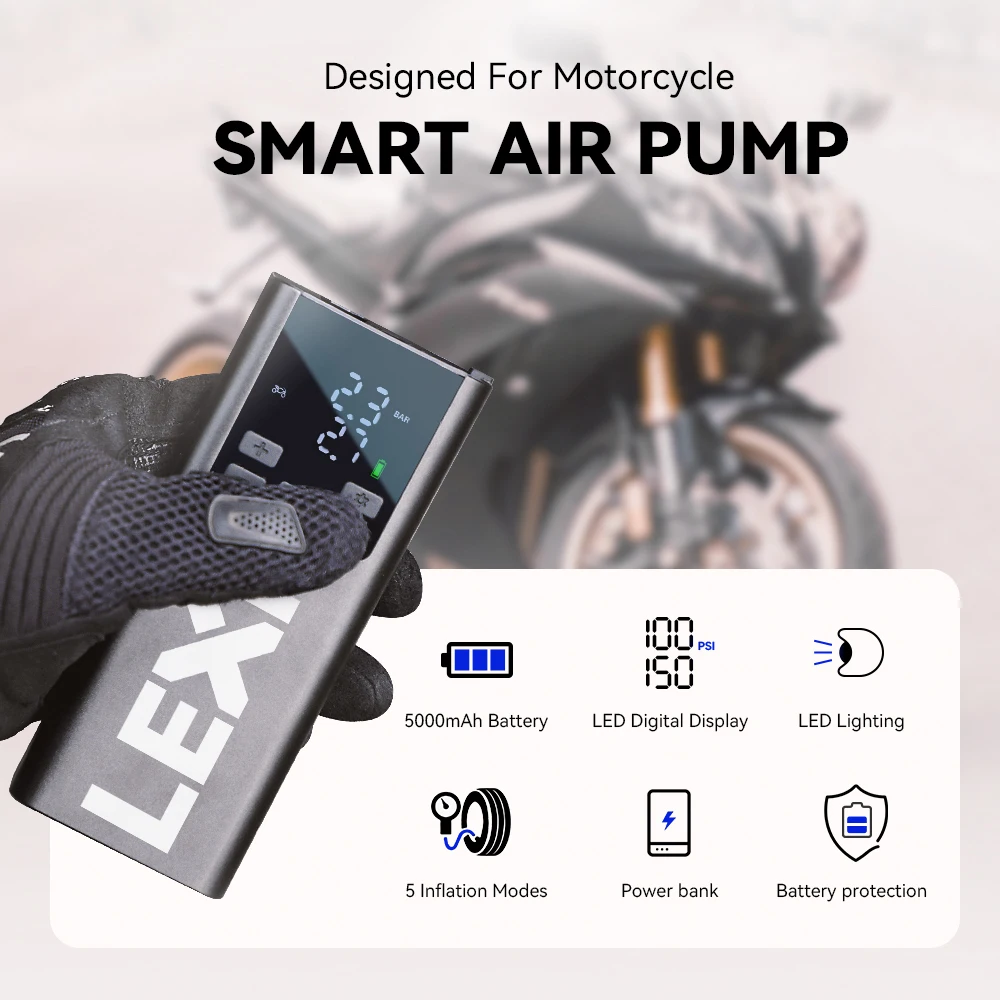 Lexin P5 Smart Air Pump 5000mAh for Motorcycles Tire Preset Pressure Inflator Bicycle with LED Light Power Bank Accessories