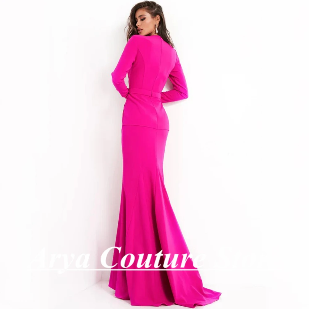 Elegant Long Sleeve Mermaid Evening Dress Sexy Deep V-Neck Pleat Floor Length with Belt Women Banquet Party Customized Gowns