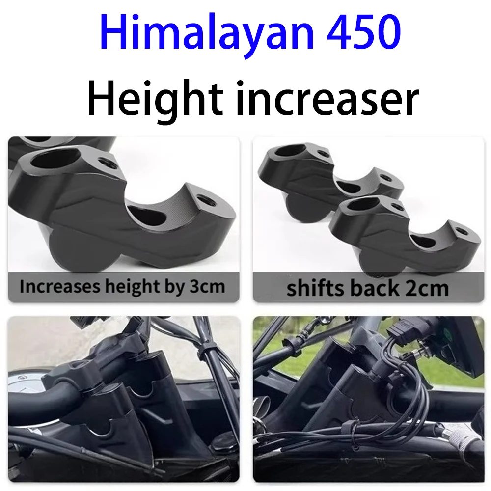 

Modification parts for Royal Enfield Himalayan 450 motorcycles, including raised handlebars and rearward handlebars.