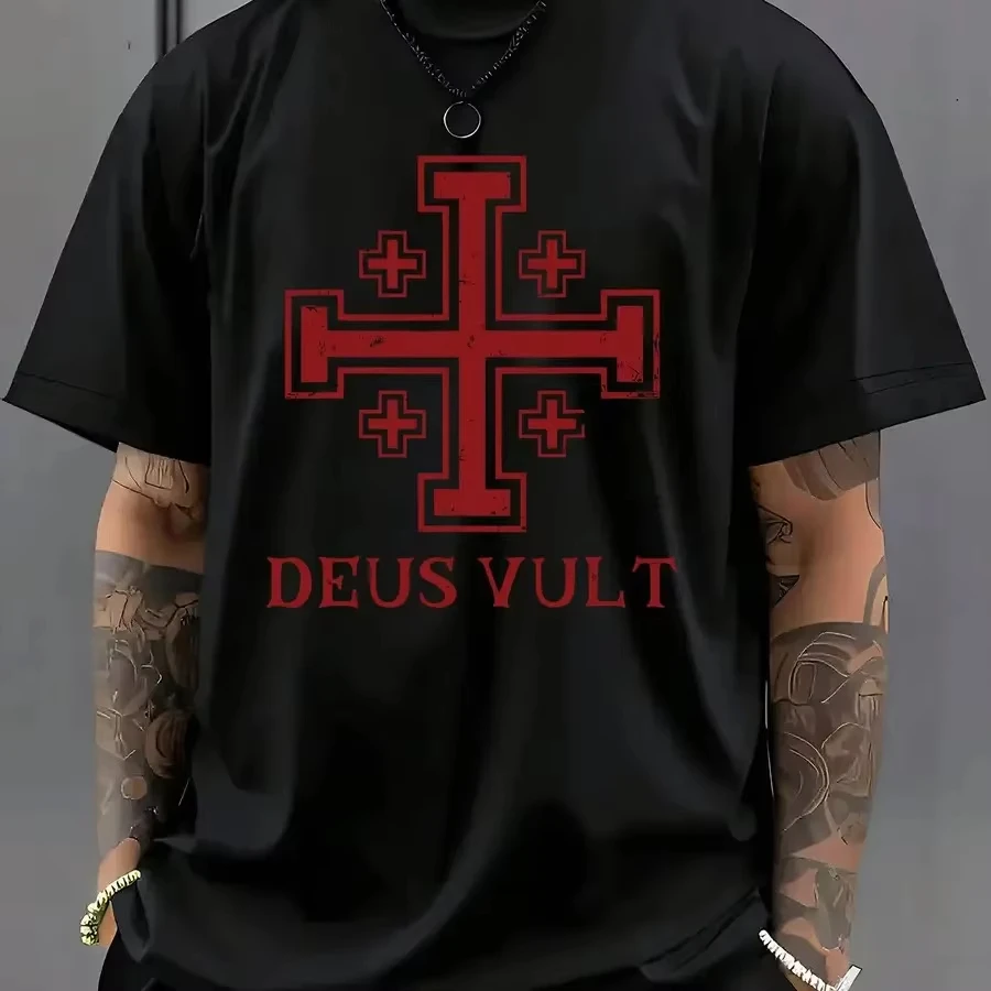 Men's Deus Vult Jerusalem Cross Medieval Crusader Graphic T-Shirt Casual Short Sleeve Crew Neck Historical Faith Streetwear Tee