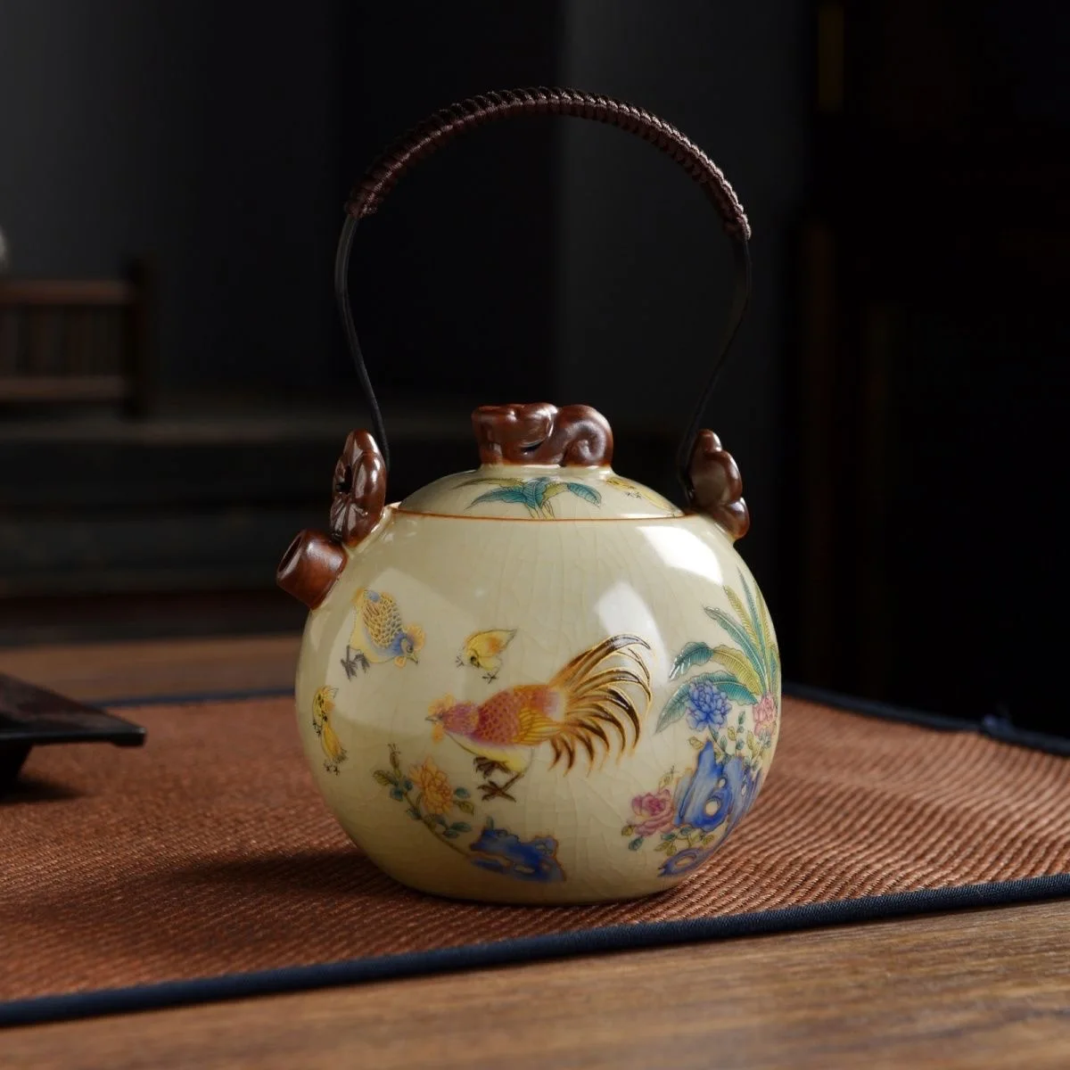 Ru Kiln Rainbow Rooster Loop Handle Teapot, Crackle Glaze Ceramic Tea Pot for Home Brewing, Single Kettle