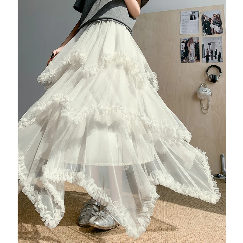 Irregular Mesh Skirts Summer Sweet Streetwear Elastic High Waist Loose Casual Asymmetric Ruffles Ruched A-line Long Skirts Girls
