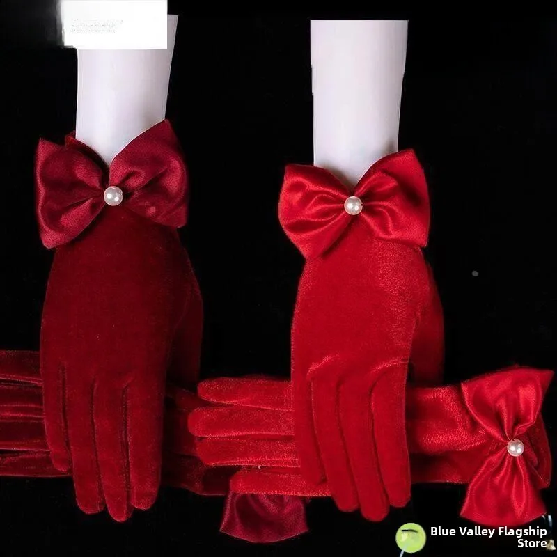 

Короткие свадебные перчатки из бархата с бабочками, аксессуары для свадебного платья, костюм для свадебного шоу, костюм для подачи вина, красные короткие перчатки