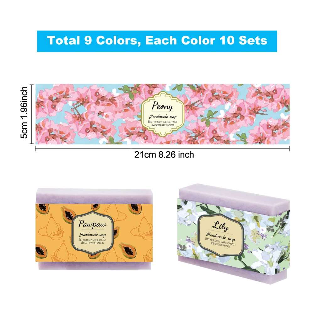 90pcs Bee Soap Packaging Paper 9 Styles Fruit Flower Plant Soap Wrapper Soap Wrap Paper Tape Vertical Soap Paper Tag Soap Sleeve