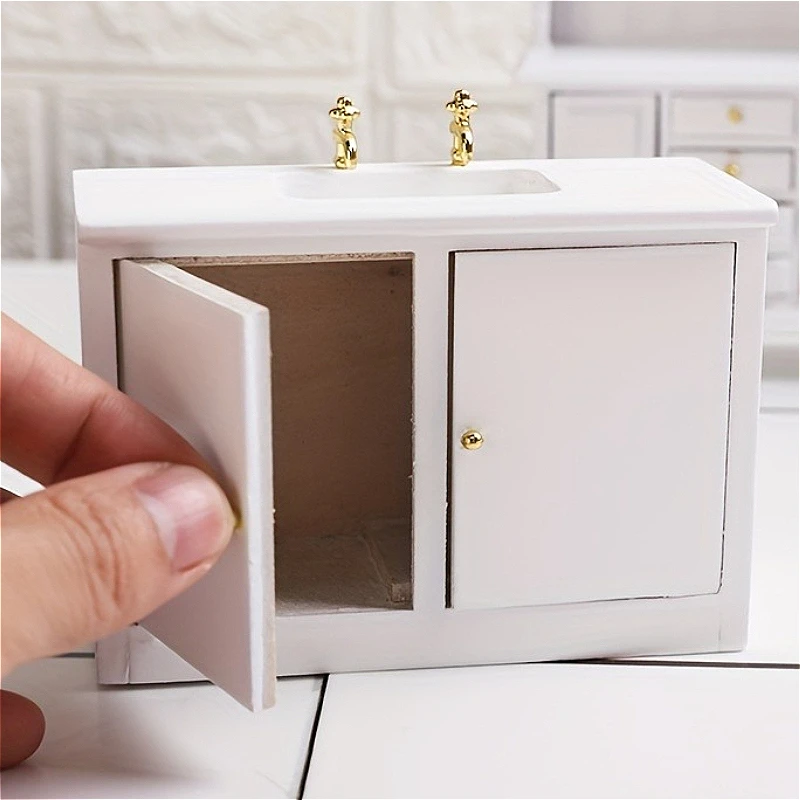 

1pc 1:12 Scale Dollhouse Miniature White Bathroom Sink Cabinet with Golden Faucets Simulated Model Playhouse Bedroom Ornament