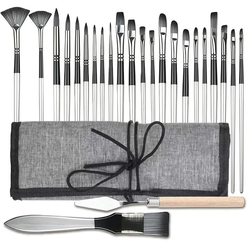 

Набор принадлежностей MACH-Art для художников и начинающих - набор кистей для акриловой живописи (25 шт.), включает в себя шпатель для краски и тканевый рулон.