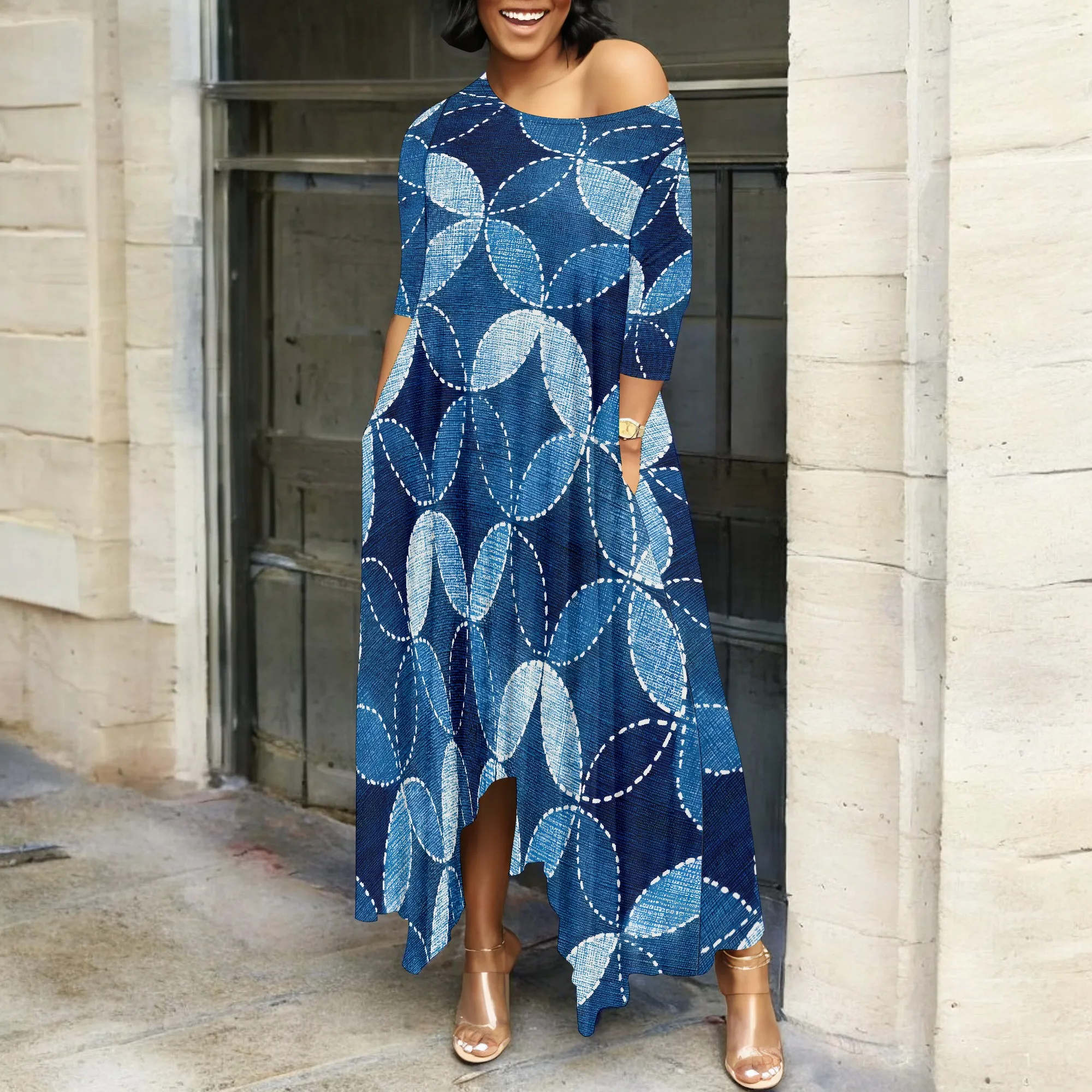 Boho Denim Blue Circle Print Maxi Dress for Women Vintage Style Loose Casual Outfit for Summer Travel