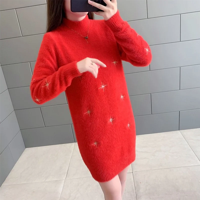 Elegant Stand Collar Solid Color Embroidery Mini Dress Women\'s Clothing 2023 Winter Loose Knitted All-match Ladies Dresses