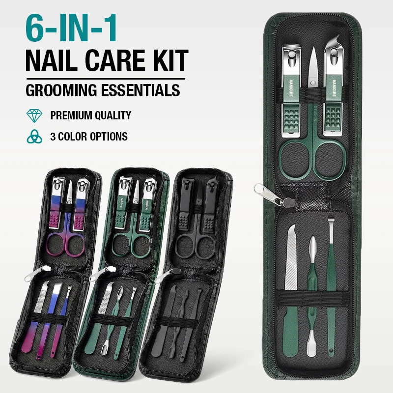 6-IN-1 Portable Nail Clipper Set Travel Manicure Kit for Men & Women–Includes Nail Clippers,Scissors,File & Grooming Tools Black