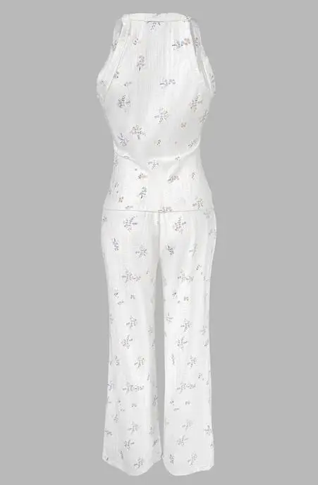 2 Pieces Outfit Women U-Neck Sleeveless Cami Top & Wide Leg Pants Set Casual Ditsy Floral Print Jacquard Textured Pajamas Set