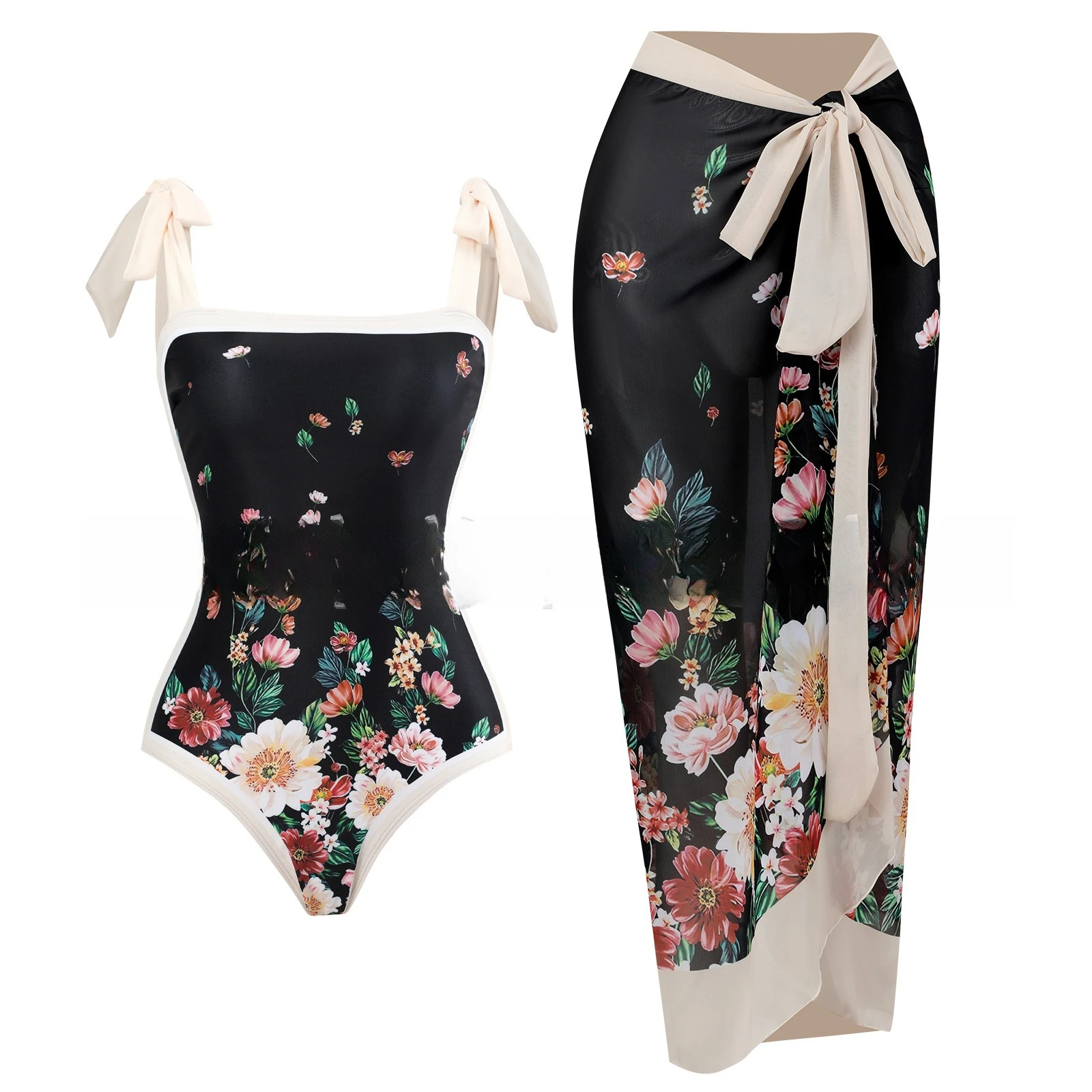 

Women's Two-piece Swimsuit Multi-color Printed Gauze Skirt Long Fashionable and Simple Swimsuit with Chest Cushion No Support