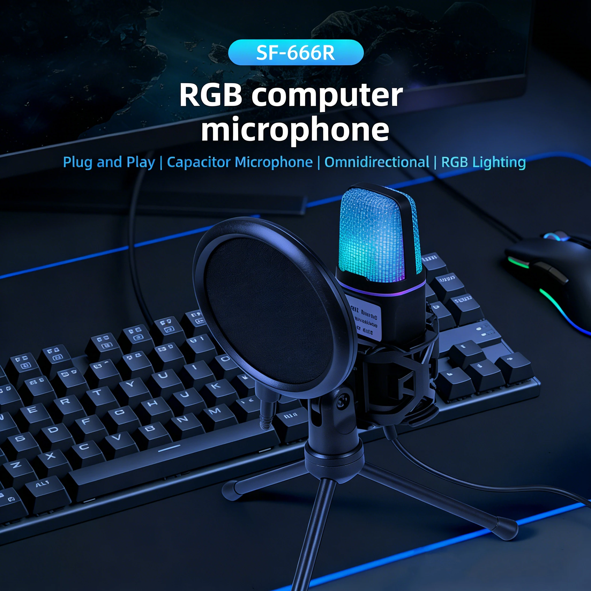 Microfone USB SF666R RGB Condensador com Redução de Ruído para Jogos, Gravação de Podcast, Estúdio, Streaming, Laptop e PC Desktop