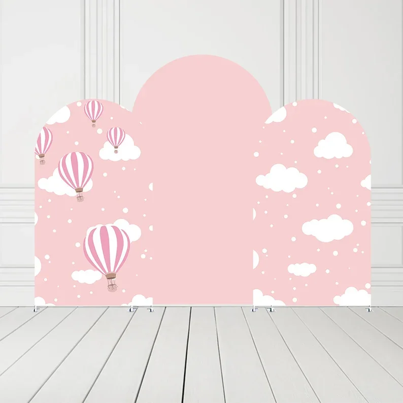 

Mehofond Pink Hot Air Balloon Arched Cover Backdrop White Clouds Newborn 1st Birthday Baby Shower Arch Double-sided Background