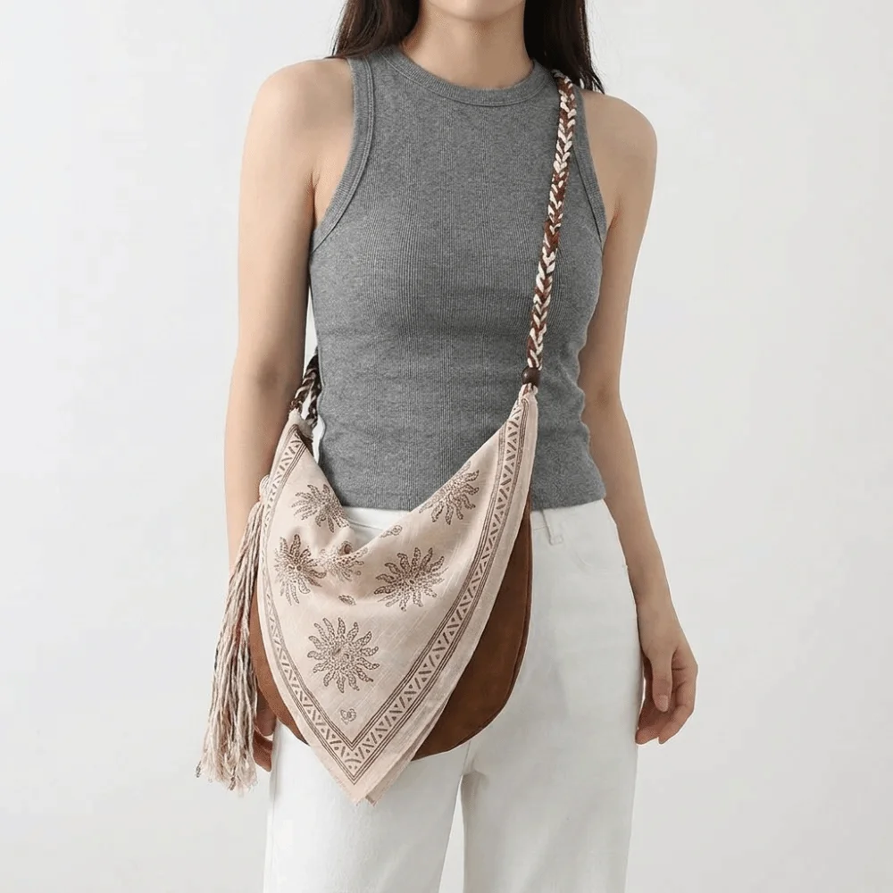 Fashion Bohemian Triangle Shoulder Bag Ethnic Style Linen Print Retro Handbag Tassel Detail Rope Messenger Bag Women