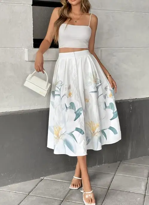 Leisure Vacation Sweet and Fresh Style Button Decoration Flower Print Skirt Summer Women's Elegant High Waisted A-Line Skirt