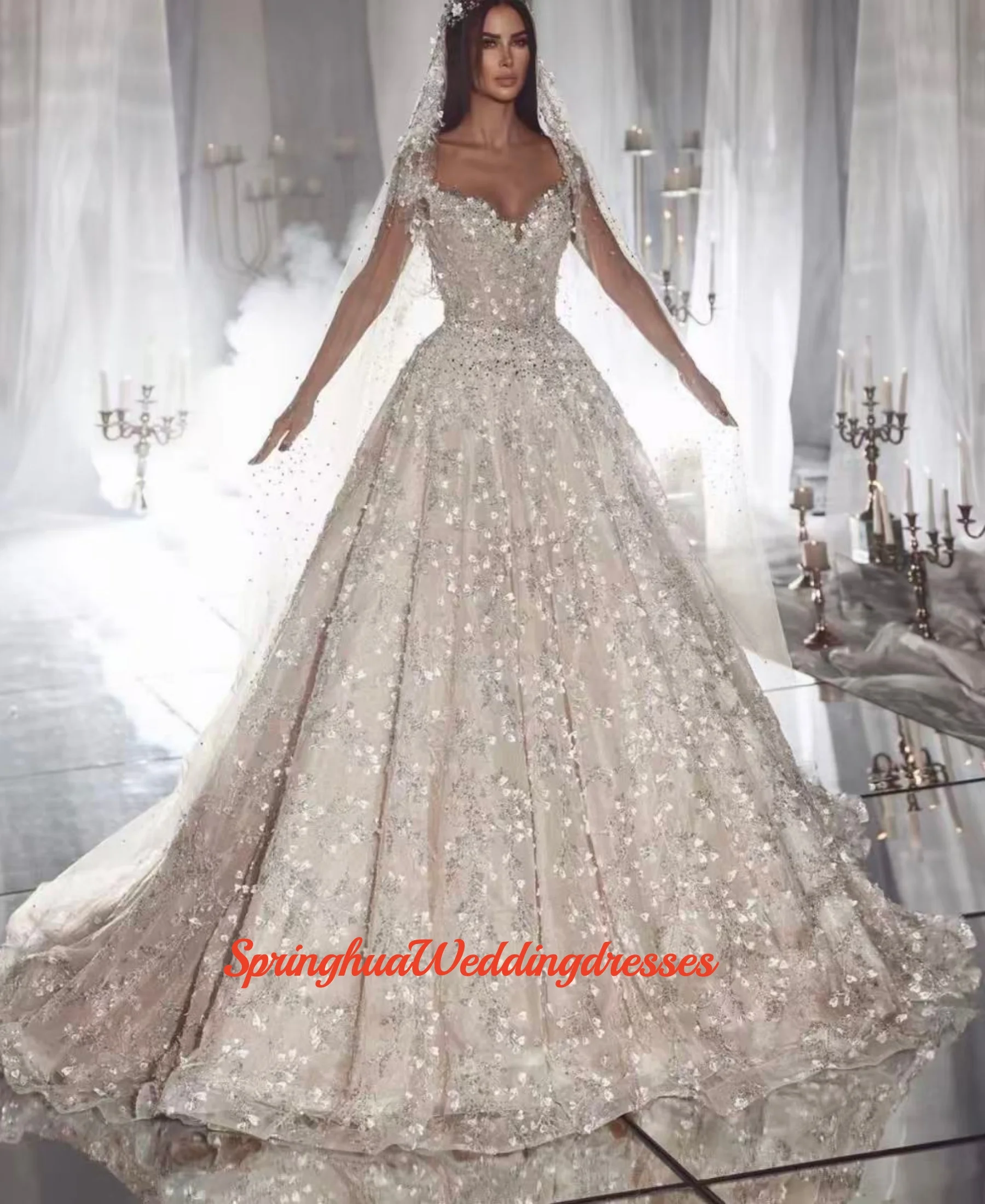 Abiti da sposa di lusso personalizzati Maniche lunghe Abito da ballo con perline Glitter Perline Lunghezza pavimento Abito da sposa Abiti da sposa