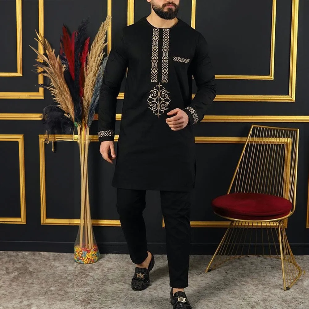 2Piece Sets Mens Outfit Embroidered Pocket Long Sleeve Top Pants Men's Wedding Suit Business Ethnic Casual Wear Tee Shirt Homme