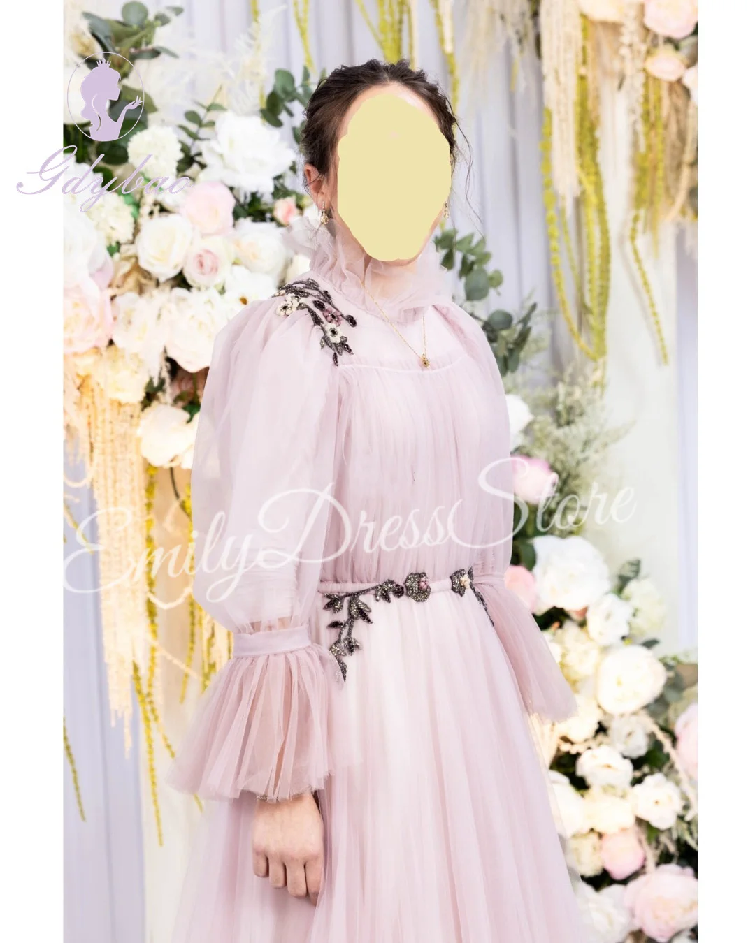 

Customized Pink Bridesmaid Evening Dress Women Tulle Applique Full Sleeves Bridal Formal Ball Gowns Trend Pageant Dress