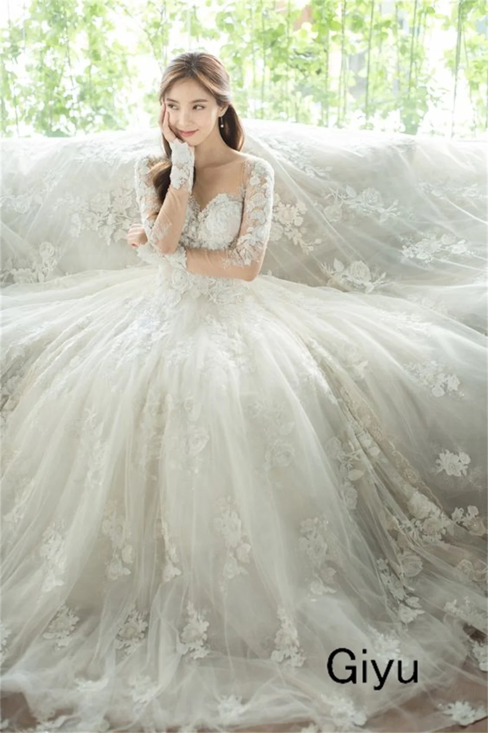 Giyu Exquisite Full Lace Followers Korea Wedding Dress Photoshoot A-line Sweetheart Collar Floor-length 웨딩드레스 Bridal Gown