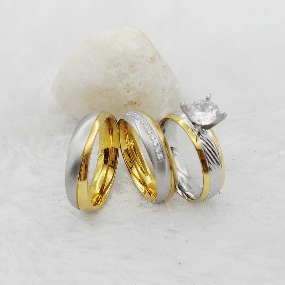 Anillos de Compromiso de boda para hombres y mujeres, joyas mixtas de oro Bicolor de 3 piezas, anillos de pareja, conjuntos de novia de matrimonio, venta al por mayor