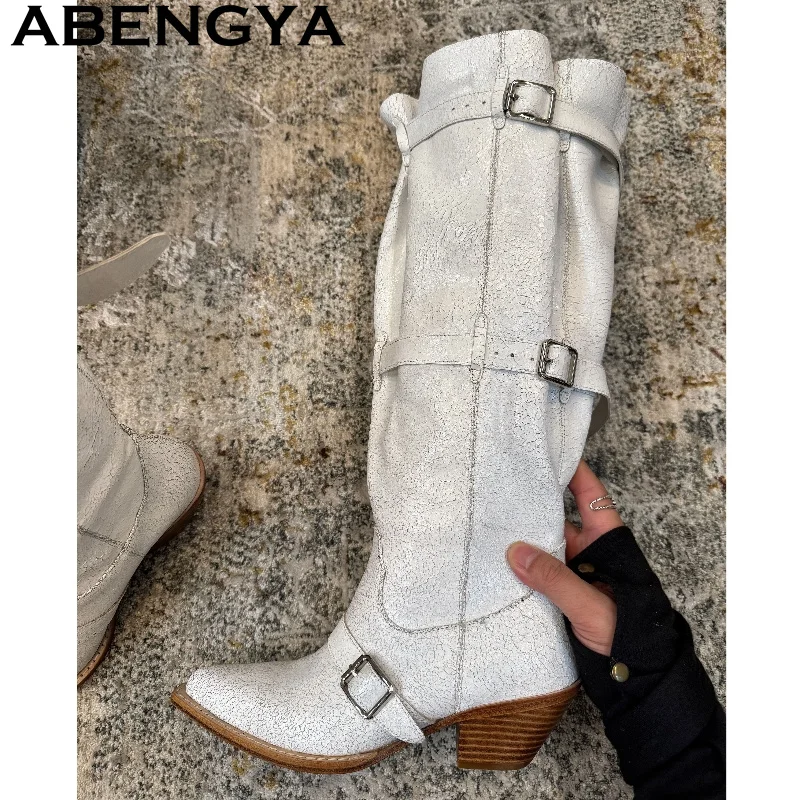 

Real Leather Knee High Boots Women Pointy Toe Buckle Designer Knight Boots Autumn Winter Luxury Runway Fashion Week Boots femina