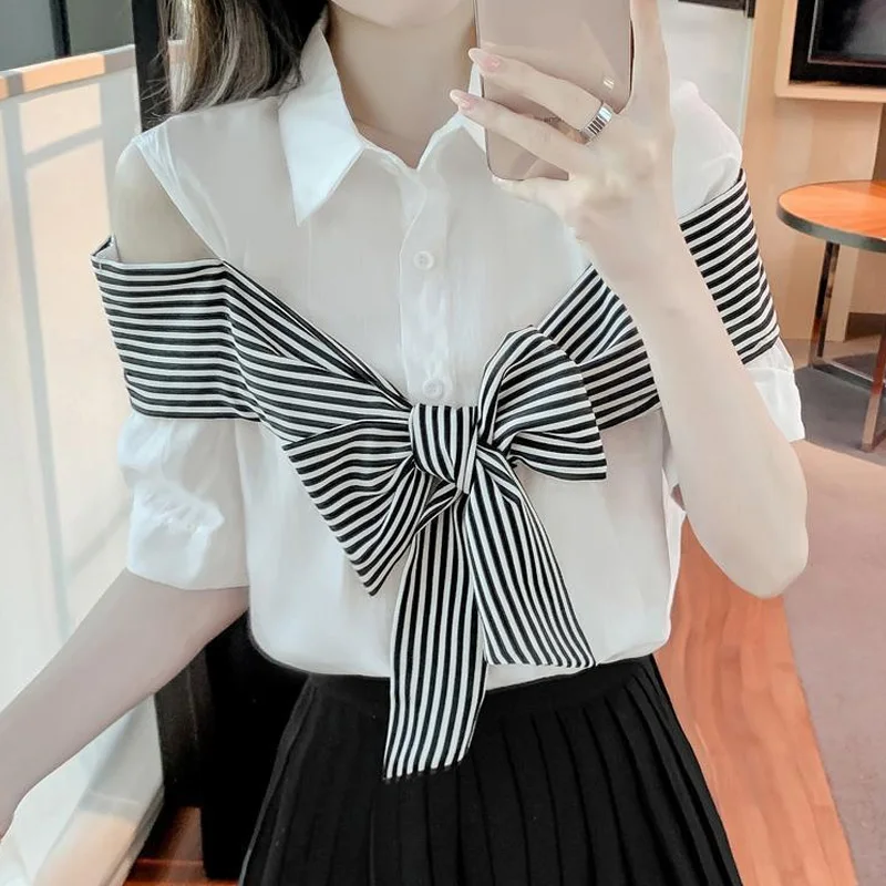 Temperament Off Shoulder Blouse Summer New Short Sleeve Bow Patchwork Solid Hollow Out Shirt Tops Fashion Elegant Women Clothing