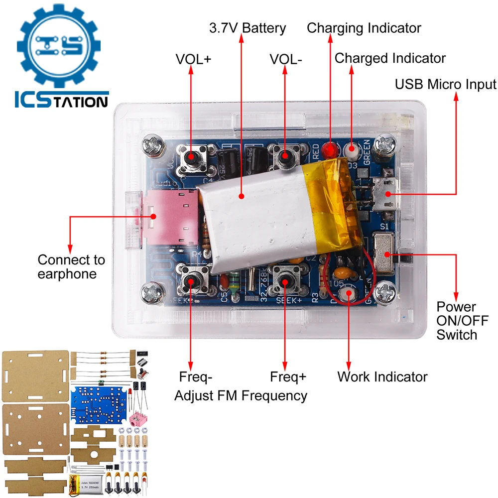 DIY Electronic Kit FM Radio Module 76-108MHz Wireless Receiver Chargeable DIY Soldering Project Practice GS1299 SMD 3.7V 4.2V