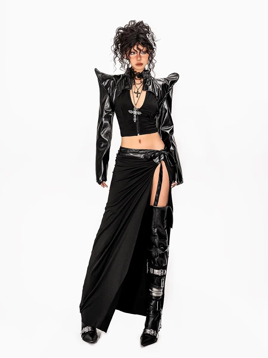 سترة نسائية من الجلد الصناعي من REDDACHiC سترة مقصوصة لراكبي الدراجات النارية باللون الأسود الصلب بأكمام طويلة معطف منفوخ ملابس خروج Emo Alt