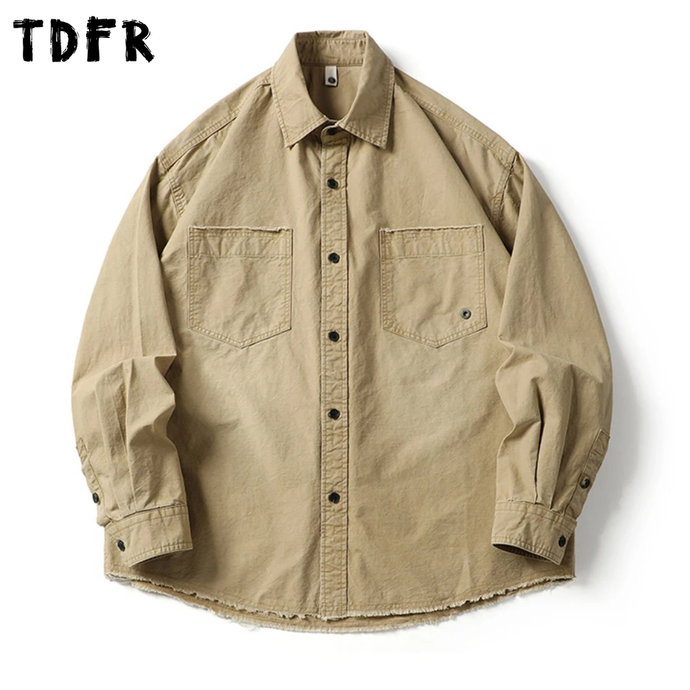 Pocket Raw Edge Cargo Shirts Mens Solid Color Autumn Safari Style Lapel Single Breasted Loose Cotton Shirts Man