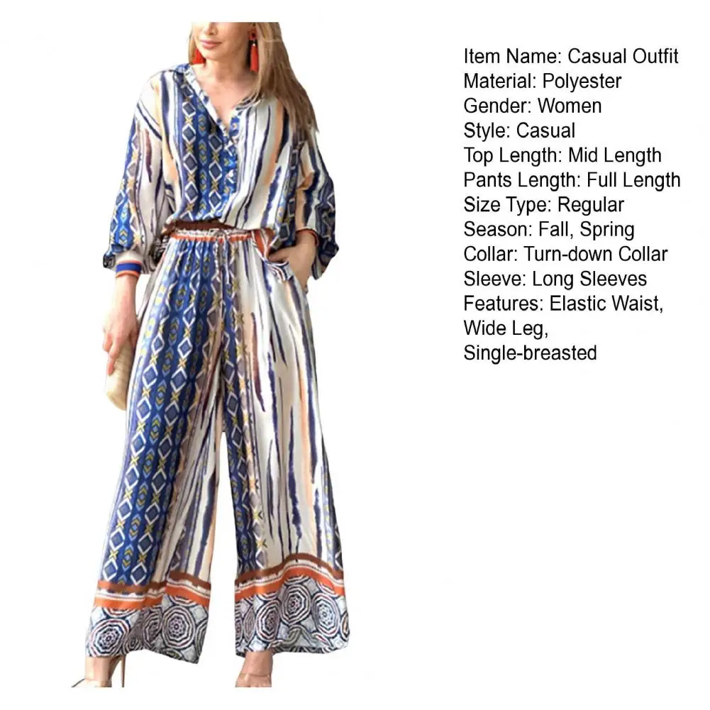 Women's Casual Wear Lapel Single Breasted Long Sleeve Shirt High Waist Wide Leg Striped Pants Bohemian Beach Casual Wear