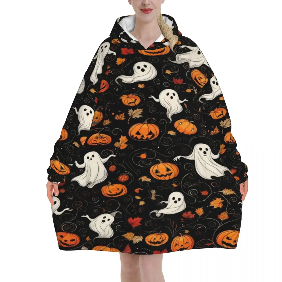 Halloween Ghost Pumpkin Spooky Trick Or Treat Witch Wearable Blanket Hoodie for Women Men Oversized Sweatshirt Blanket