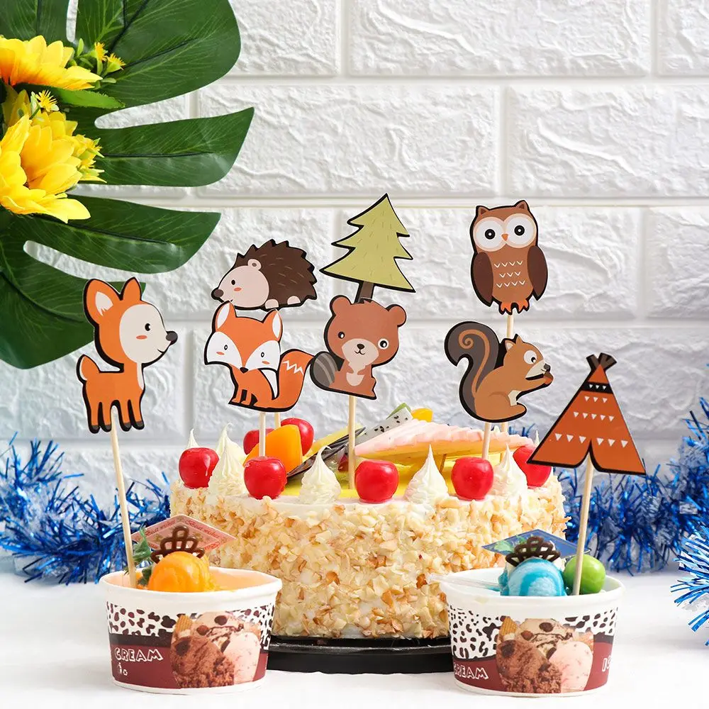 Paper Made Jungle Animal Model  Birthday Party Woodland Creatures Theam Cake Toppers Forest Animal Shape Cupcake Topper
