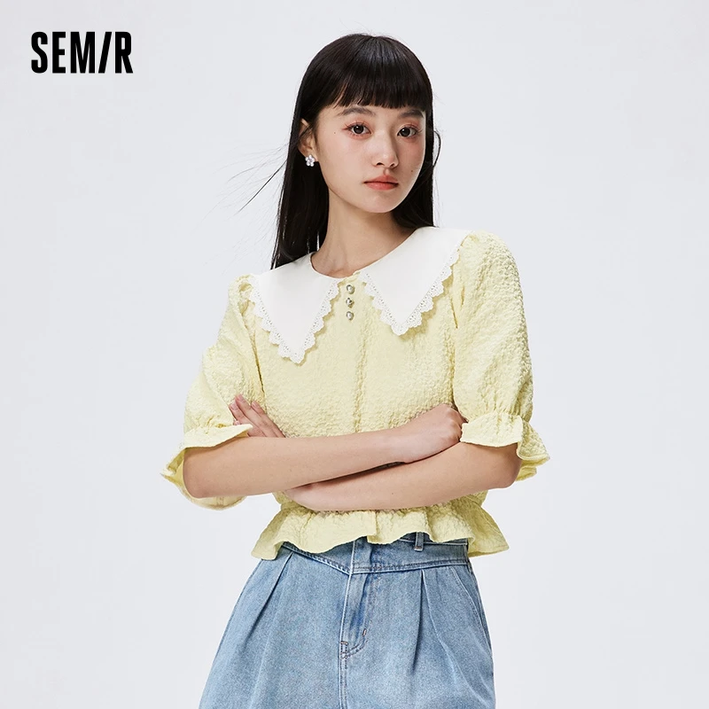 Semir Women Short-Sleeve Blouse Short Lace Collar Shirt Embodying Cute 2024 Summer New Arrival Floral Shirts Women