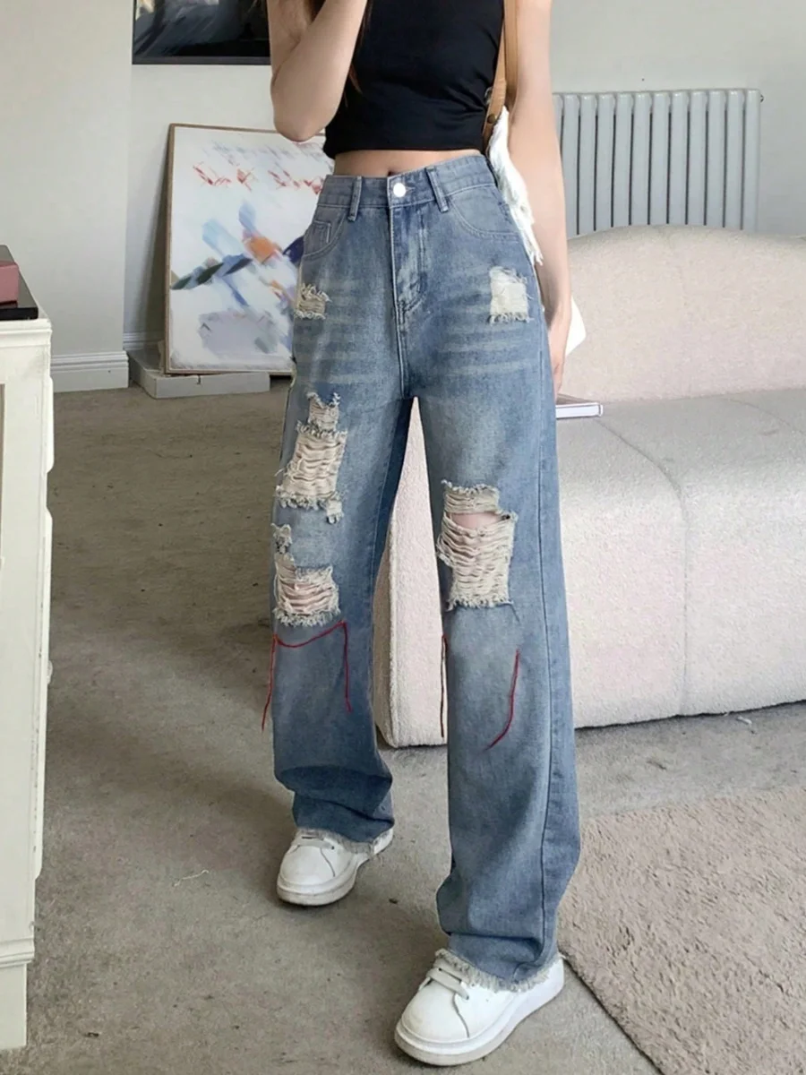 

Summer Dongda Gate Vintage Hemmed Hole Wide Leg Pants Straight Jeans Women's Design Sense Size Denim Shorts Pure Color