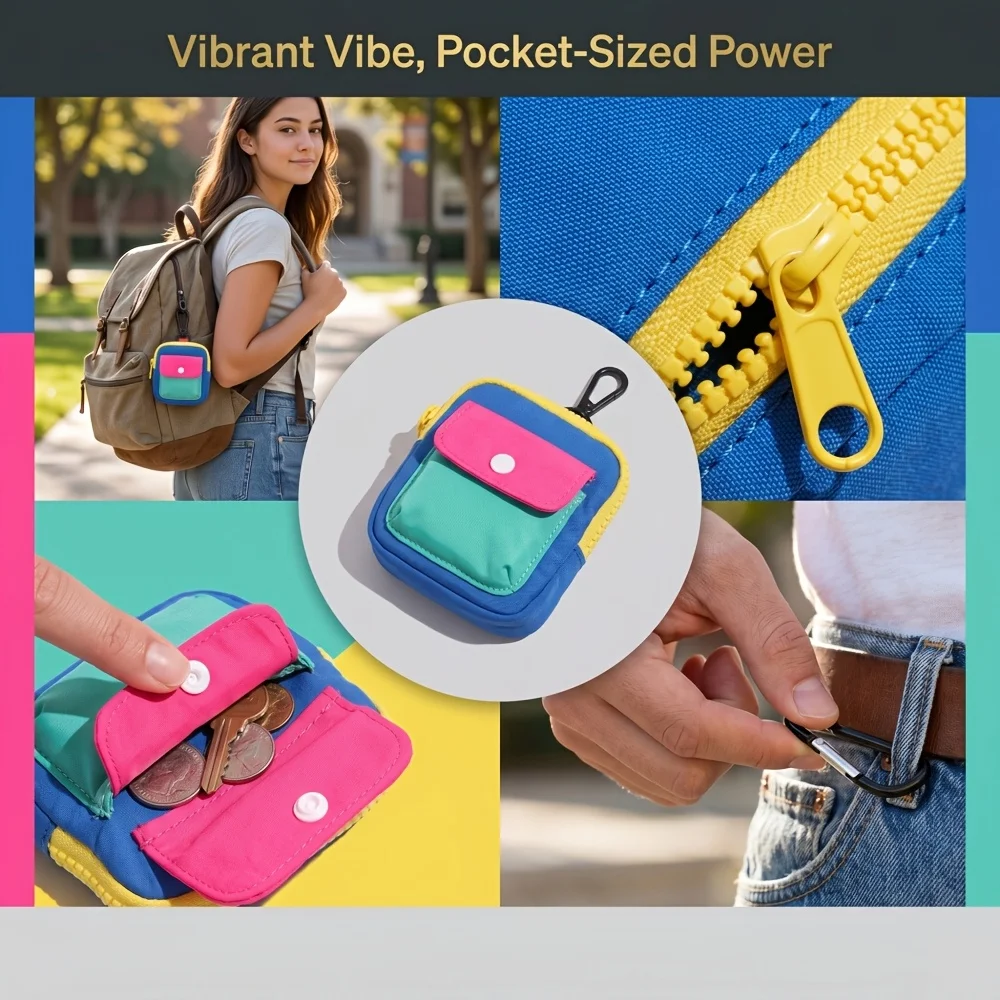 Color Block Mini Coin Purse Multicolor Nylon Small Wallet Keychain Hook Portable Earphone Bag Card Pouch Women Girls Bag Charm