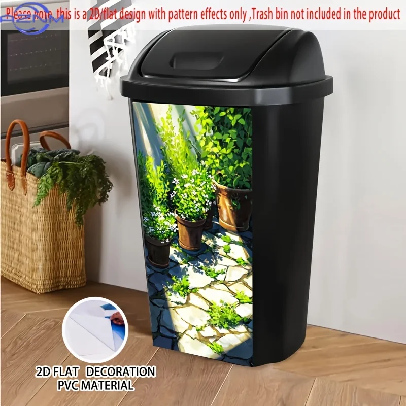 Potted Plants in Sunlit Yard Self-Adhesive Dustbin Stickers, Durable, Removable, PVC Decorative Stickers, Wheelie Bin Stickers