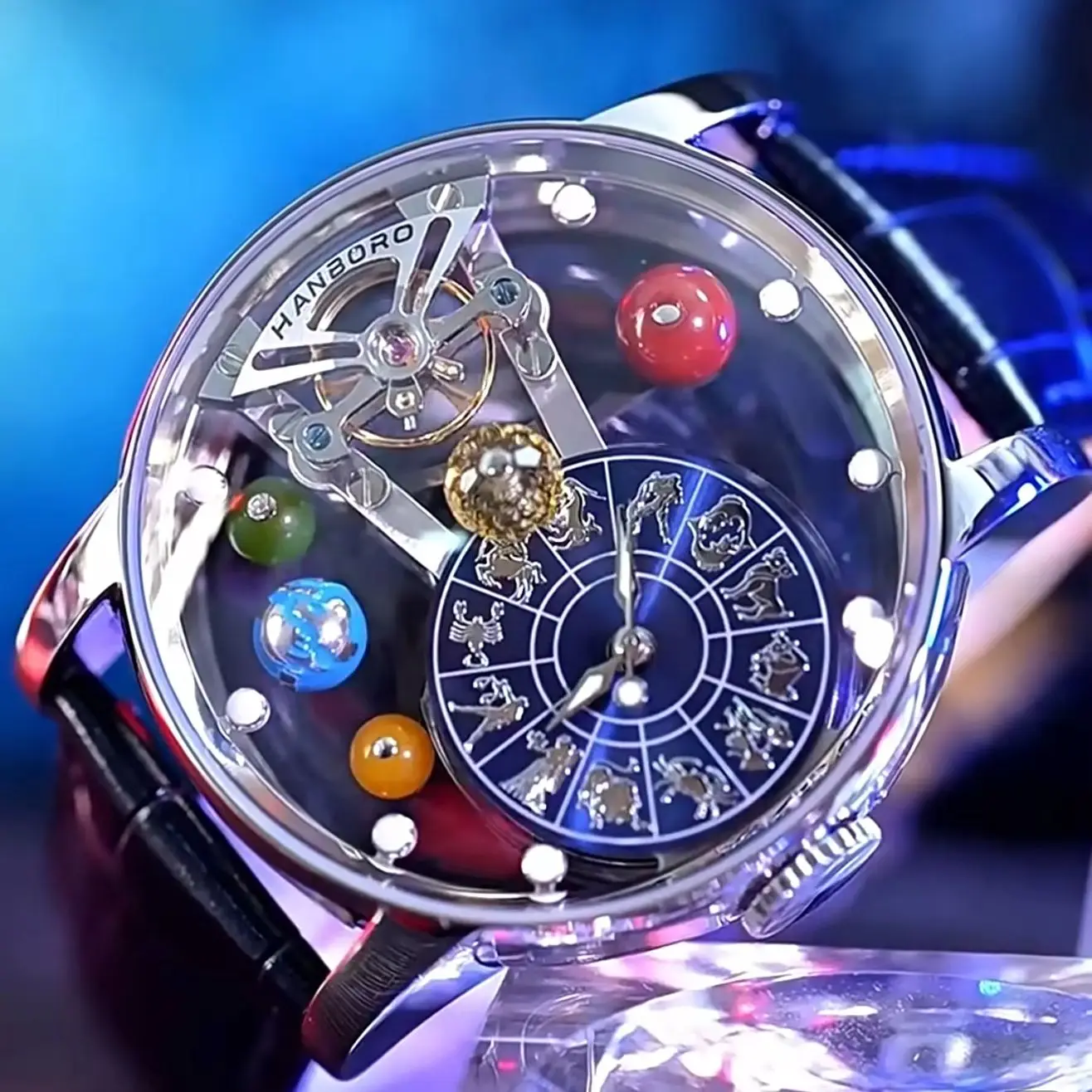 HANBORO Men Automatic Watch 43.5mm Mechanical Wristwatch Rotatable Backgroud Agate Pearl Nine Planets 12 Constellation Dial