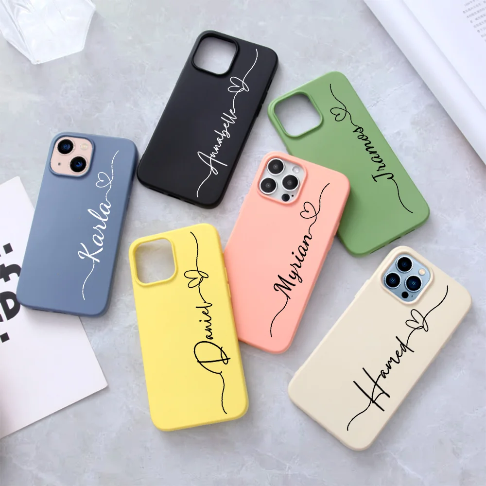 Personalized Customized Name Phone Case for iPhone 15 14 13 12 11 Pro Max X XS XR Plus Italic Heart Design Soft Silicone Cover