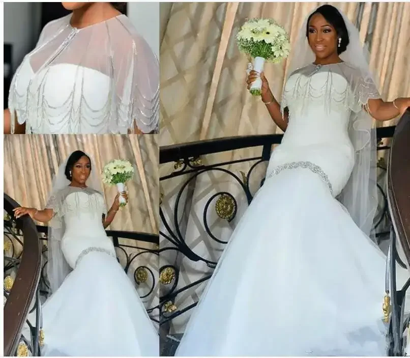 

Customized Elegant Cap Sleeves Mermaid Wedding Dress With Beads Sequins Sweep Train Plus Size Bride Dresses Custom Made